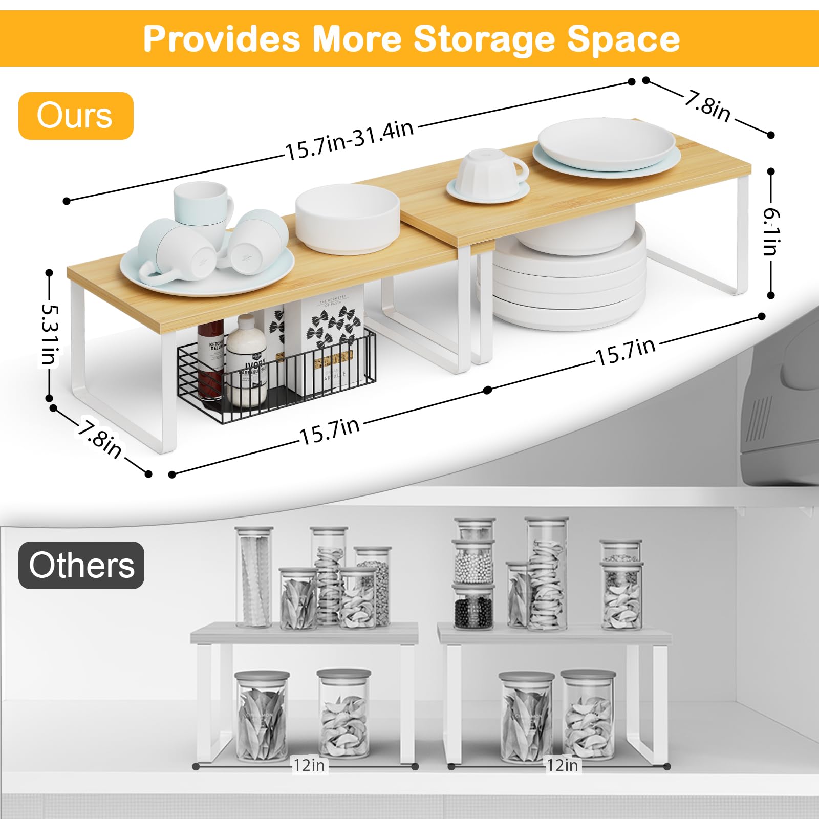 OGEMXU Cabinet Shelf Organizers, 15.7 inches Large Kitchen Counter Shelf, Set of 2 Wood Kitchen Pantry Organizer, Storage Shelves for Countertop, Spice Rack, Stackable, Expandable, Metal White, Nature