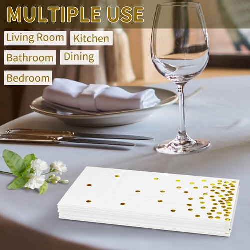 DYLIVeS 100 Pack White and Gold Foil Polka Dots Confetti Guest Towel Napkins, Disposable Xmas Hand Towels Dinner Paper Napkins for Birthday Party, Picnic, Wedding, Christmas Party Supply, 3-Ply