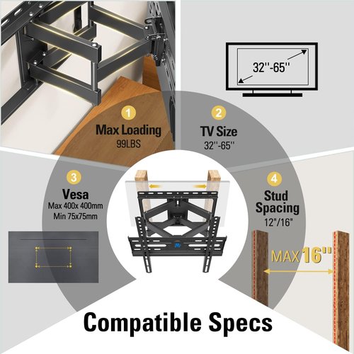 Mounting Dream Full Motion TV Wall Mount - Fits 26-65 Inch TVs, Max VESA 400x400mm, 99 LBS Capacity | Includes Sound Bar Mount Up to 15 LBS