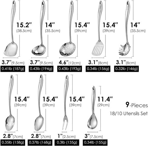 304 Stainless Steel Kitchen Utensil Set - 9-Piece Cooking Tools with Solid & Slotted Spoons, Fork, Spatula & More