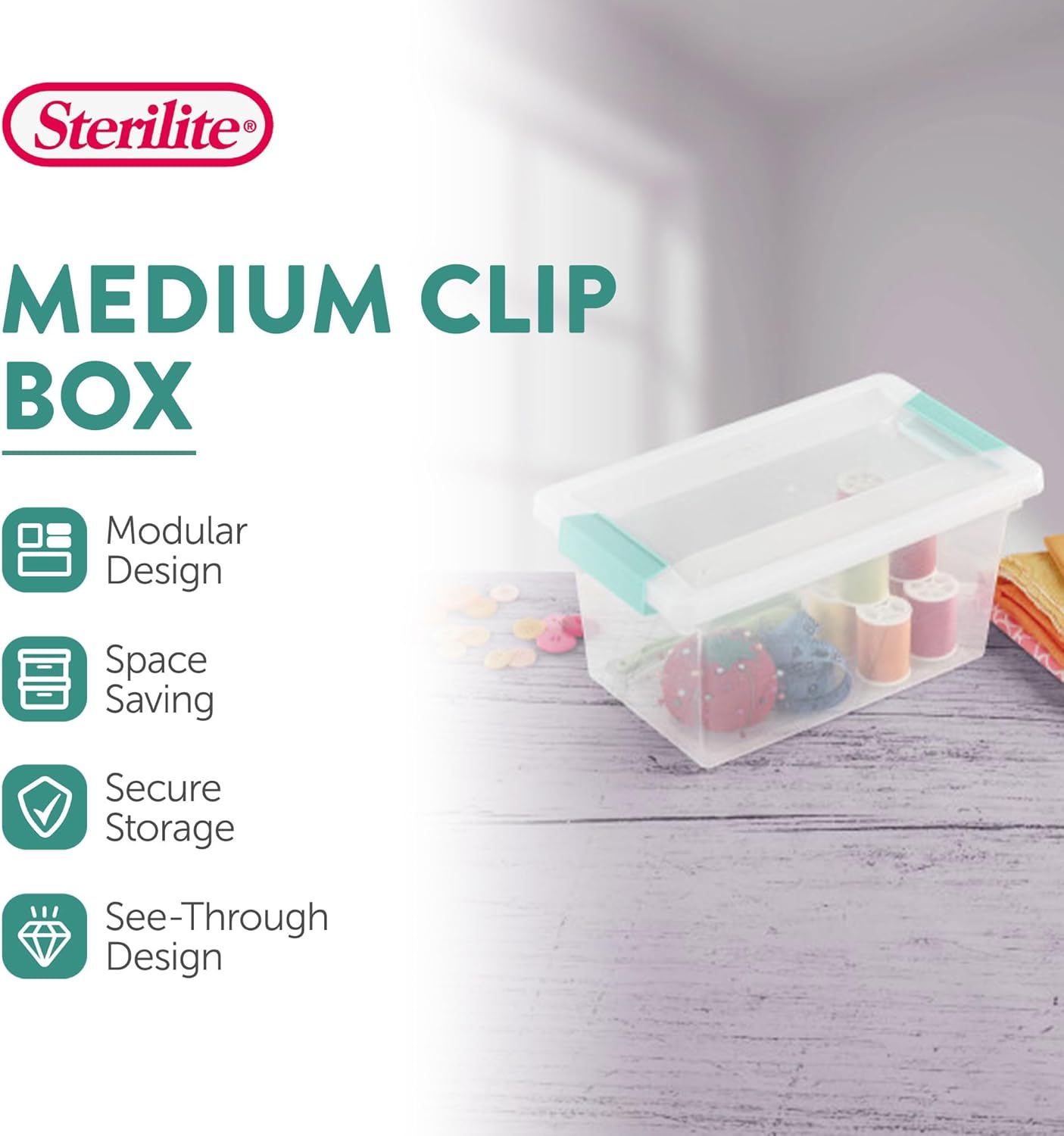 Sterilite Medium Clip Box - Stackable Storage Bin with Latching Lid for Organizing Crafts & Office Supplies - Clear