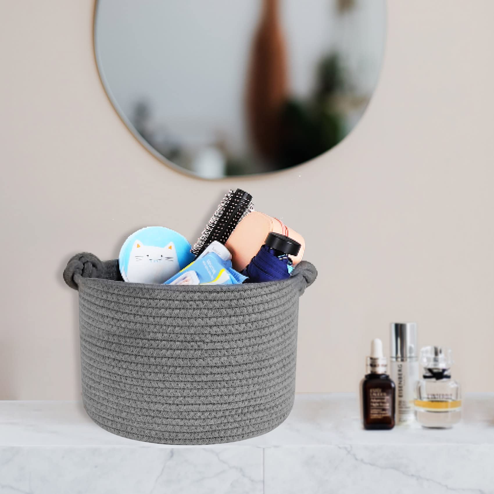 ABenkle Small Woven Basket, Cotton Rope Shelf Storage Basket, Small Round Basket, Cute Basket, Decorative Round Bin for Nursery Bedroom Bathroom, 9.4" x 9.4"x 7.1" Empty Gift Basket- Grey