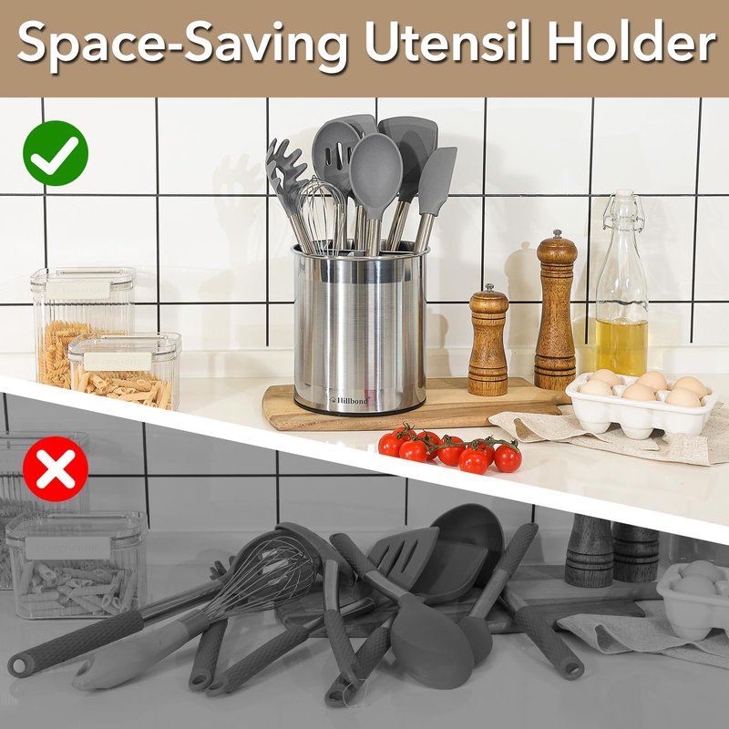 Hillbond 7.5x6.9 Inch EXTRA LARGE Utensil Holder for Countertop, Stainless Steel Rotating Organizer with Removable Divider, Space-Saving for Large Kitchen Utensils Set & Spacious Kitchens
