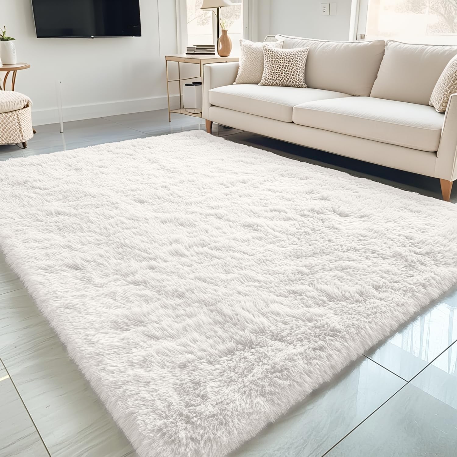 OLANLY Large Area Rug - Soft Fluffy Shaggy Carpet for Living Room & Bedroom | Machine Washable Ivory