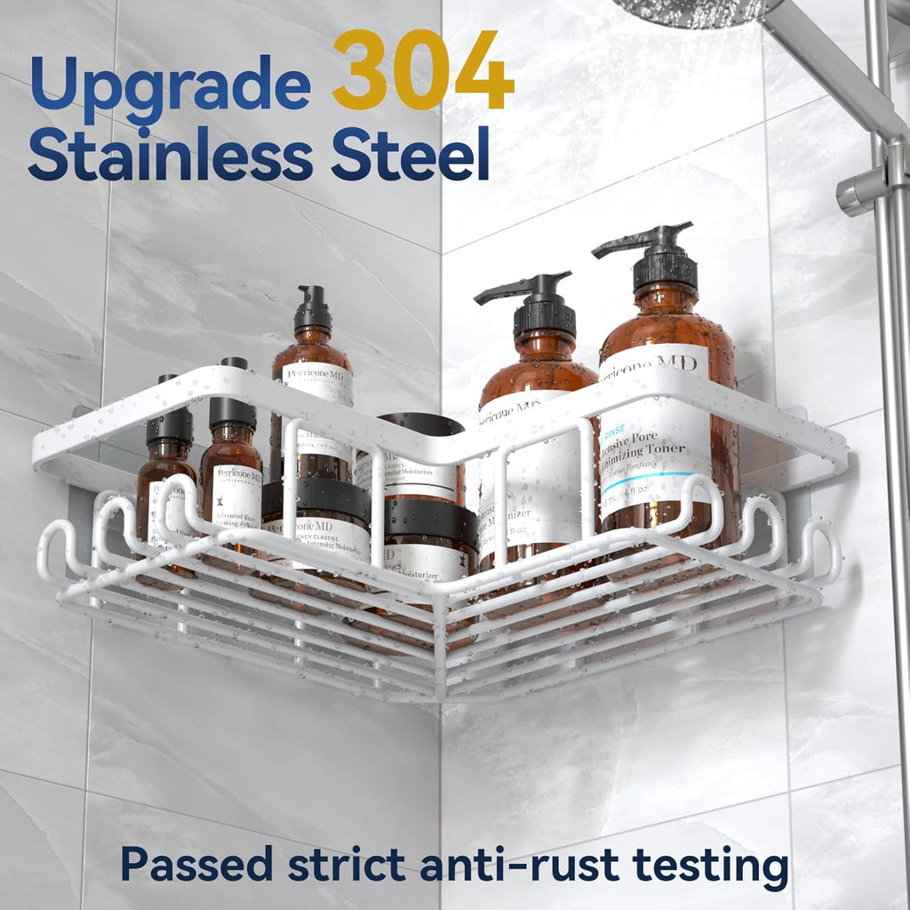 YASONIC Corner Adhesive Shower Caddy - Rustproof Stainless Steel Bathroom Organizer | 3-Pack with Soap Holder & 12 Hooks