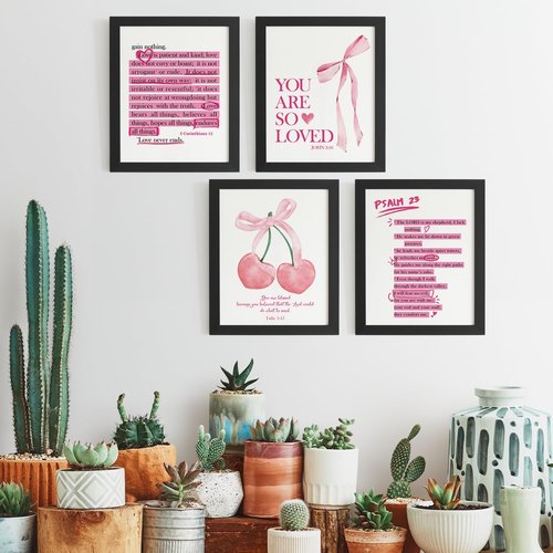 **DSHFG Cute Preppy Pink Bow Bible Verses Wall Decor - Set of 4 Christian Prints for Teen Girls 8x10**