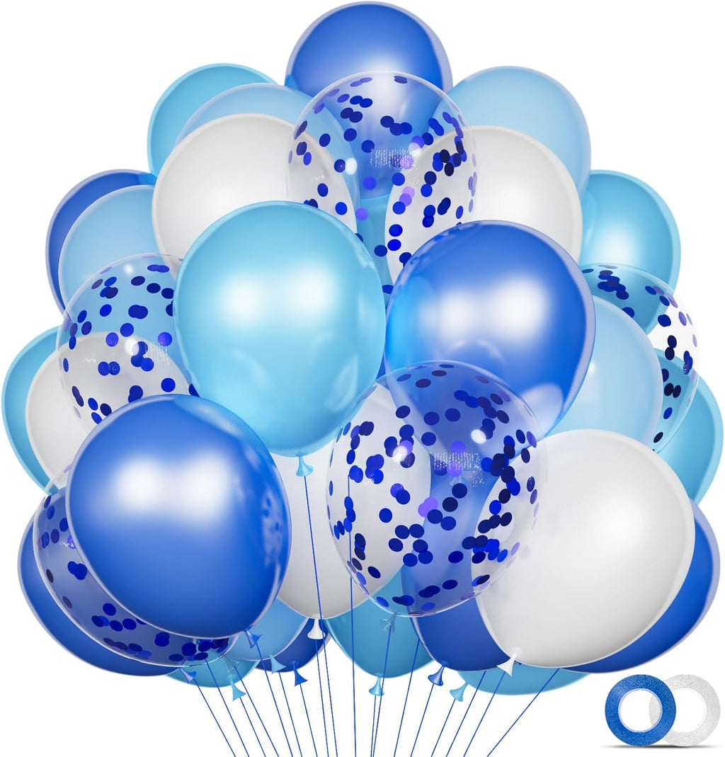 Skiennix 68-Pcs Blue and White Balloon Kit - 12-Inch Confetti Balloons for Birthday, Wedding, Baby Shower Decor
