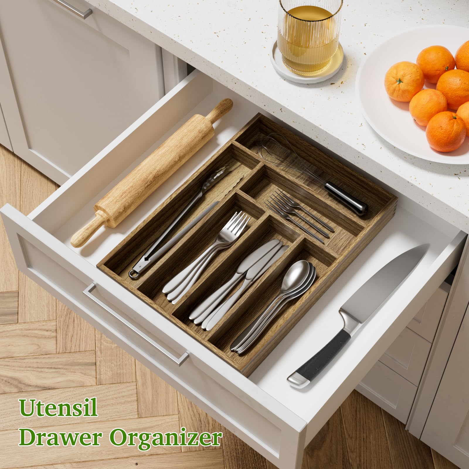 Kiasthome Acacia Wood Silverware Drawer Organizer, Kitchen Utensil Cutlery Drawer Organizer with Dividers, Flatware Organizer, Silverware Tray Holder for Spoons, Forks, 11.8''x16.5'' (6 Slots)