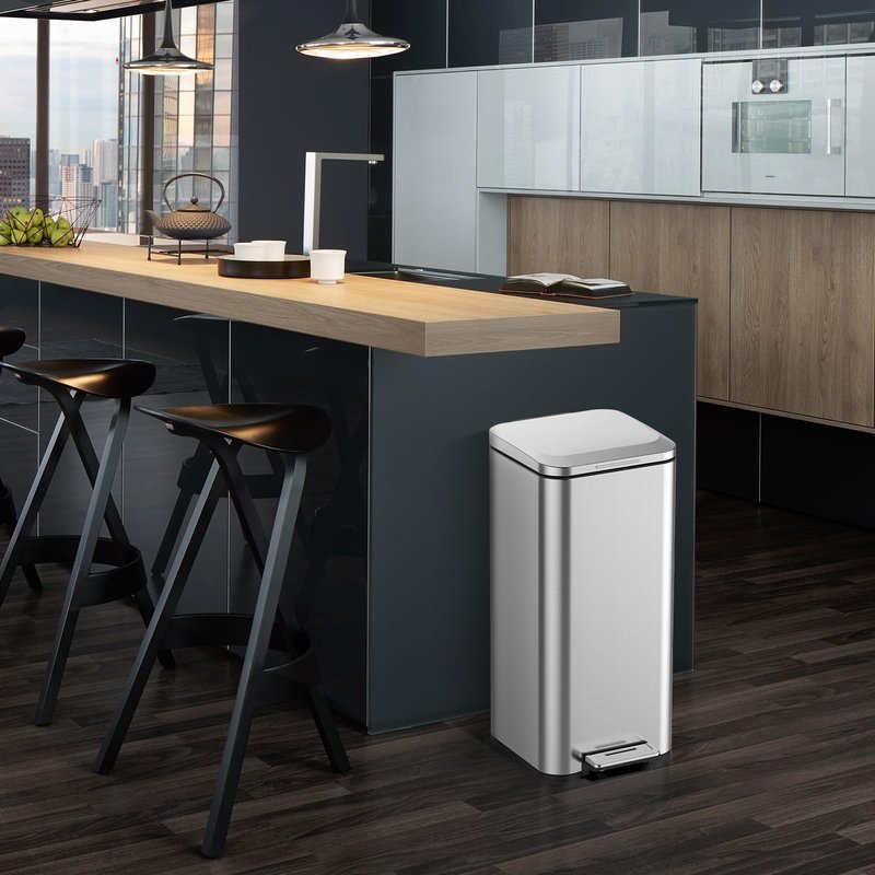 EcoExplorer 8 Gallon Kitchen Trash Can, 30 Liter Stainless Steel Garbage Bin with Removable Inner Bucket, Square Step Recycling Bin with Soft-Close Lid for Dining Room, Bathroom, Home Office