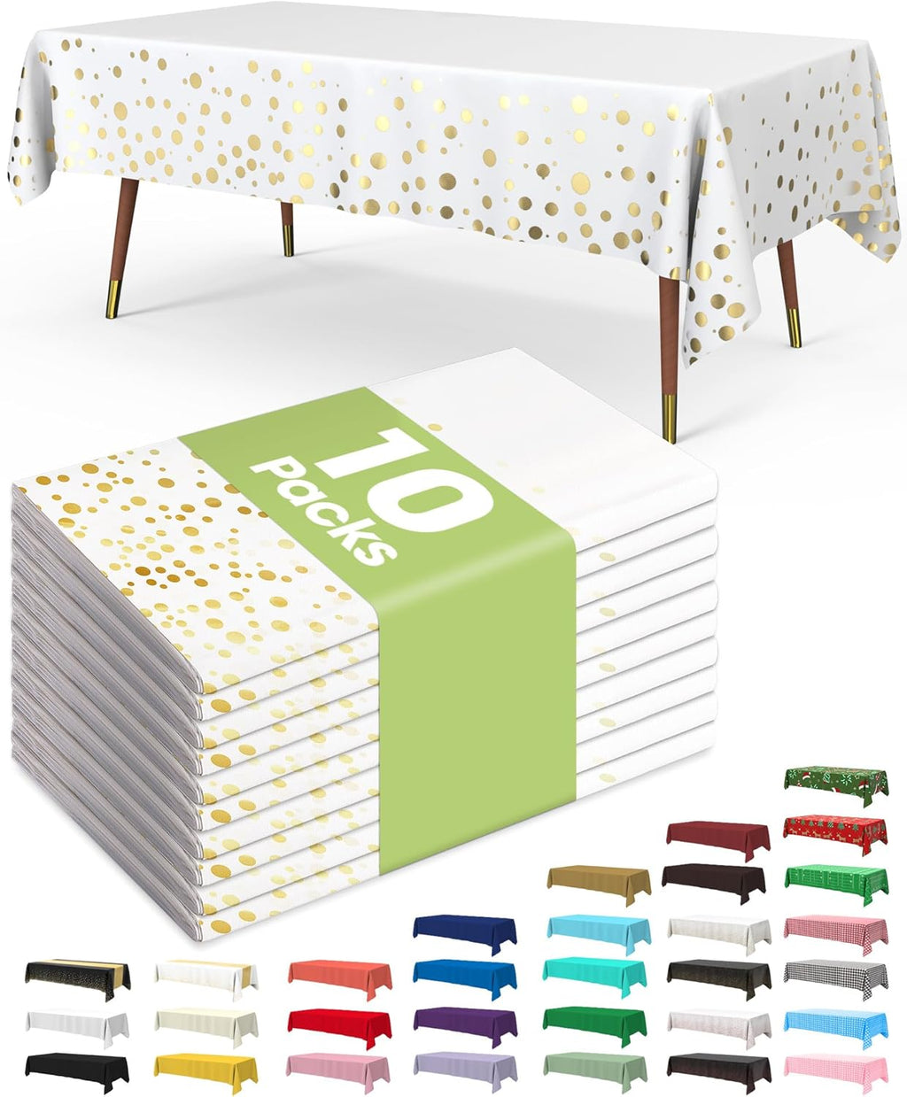 Pureegg Disposable Table Cloths - 10 Pack, 54 x 108 Inch, Leakproof & Sturdy for Graduation Decor | White & Gold