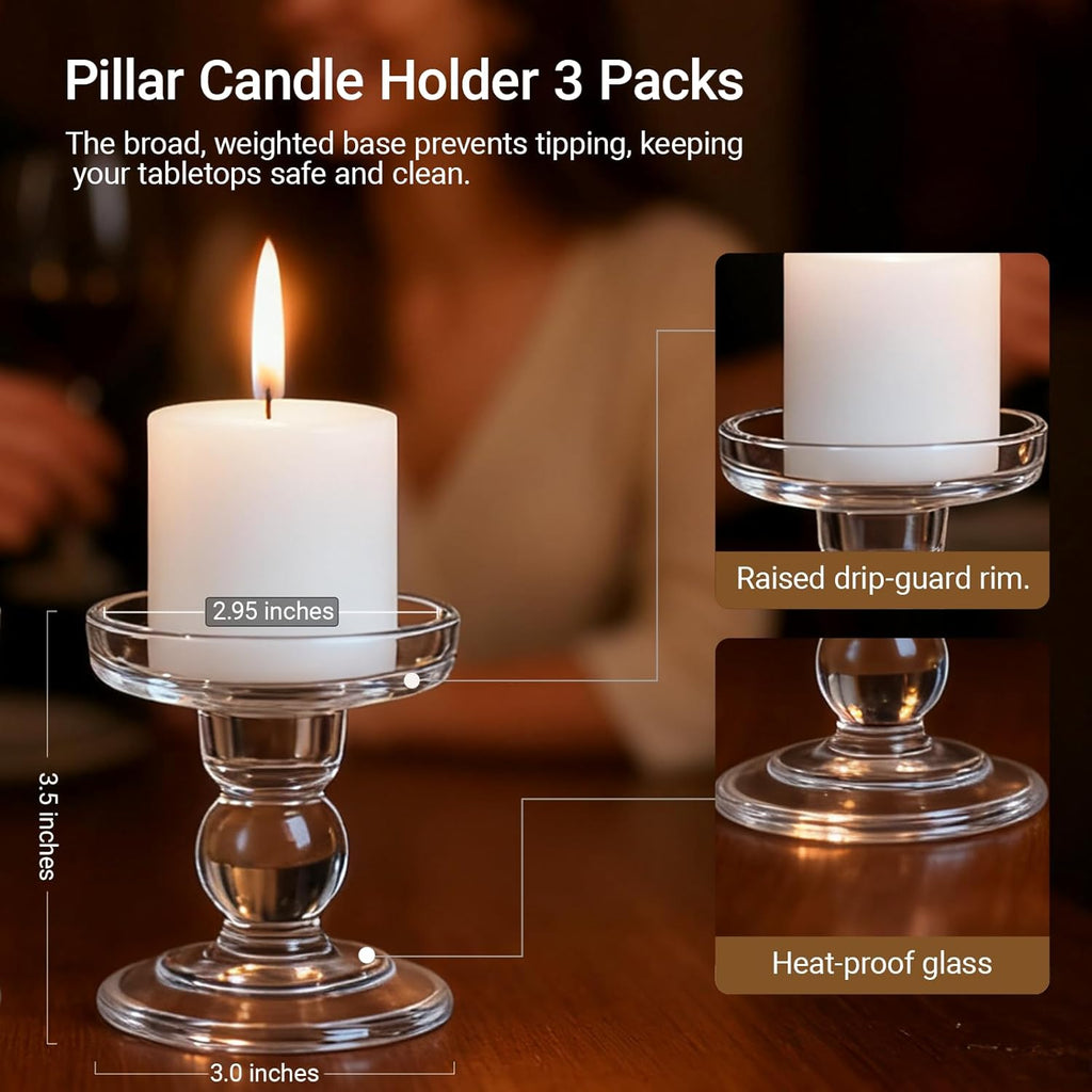 Regine Switzerland Glass Candle Holders - Elegant Pillar Candle Holder Set of 3 for Weddings & Home Decor