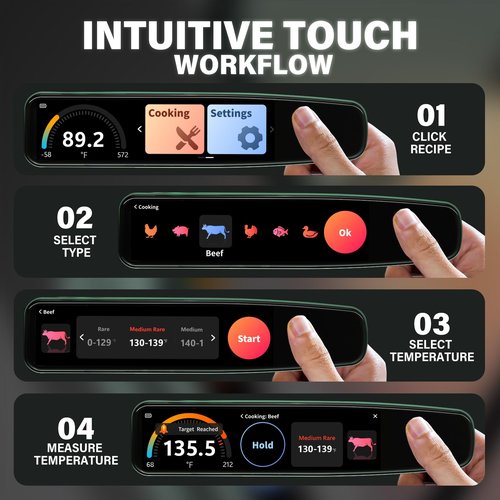 AWLKIM 0.5s Instant Read Smart Meat Thermometer Digital, 3.8″ HD Touchscreen with Temp-OS, Professional Kitchen Food Thermometer for Cooking, Grill, BBQ | ±0.5°F, −58–572°F, IP68, USB-C Rechargeable