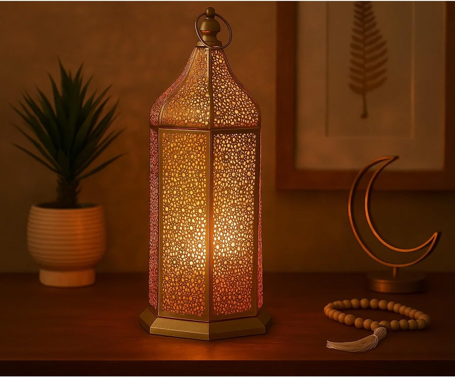 VELA Lanterns 16" Champagne Gold Moroccan Candle Lantern - Decorative Metal Hexagon for Table or Hanging | Perfect for Ramadan, Weddings, Indoor & Patio Lighting