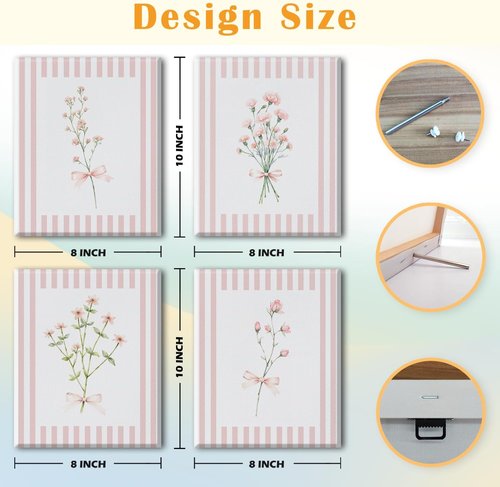 JINYO Coquette Pink Floral Canvas Wall Art - Framed Set of 4 for Girls' Room | 8x10 Inch Decor