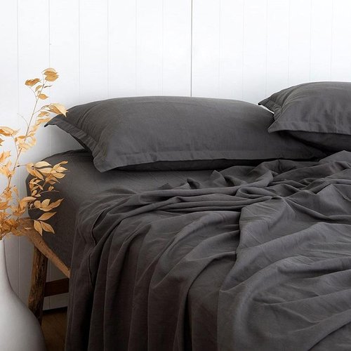 Charcoal Grey Linen-Textured Bed Sheets Set, Bamboo Rayon , Cotton , Linen Blend Bed Sheets Twin Size, Soft Cool & Breathable for Hot Sleepers,Durable Natural Organic Bed 15'' Deep Pocket - 3 Piece