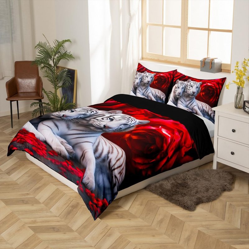 Tiger Bedding Set King Size,Red Rose Flower Comforter Cover for Boys Girls,African Safari Animals Duvet Cover,Big Cat Wild Animal Skin Quilt Cover,Romantic Garden Floral Bedroom Decor
