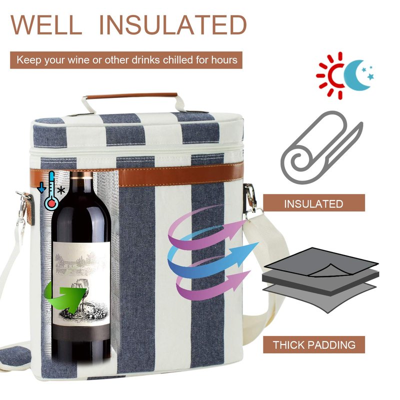 ZORMY 3 Bottle Insulated Wine Tote Cooler Bag, Portable Carrier with Corkscrew Opener and Shoulder Strap for Beach Travel Picnic, Unique Gift for Wine Lovers Navy Blue