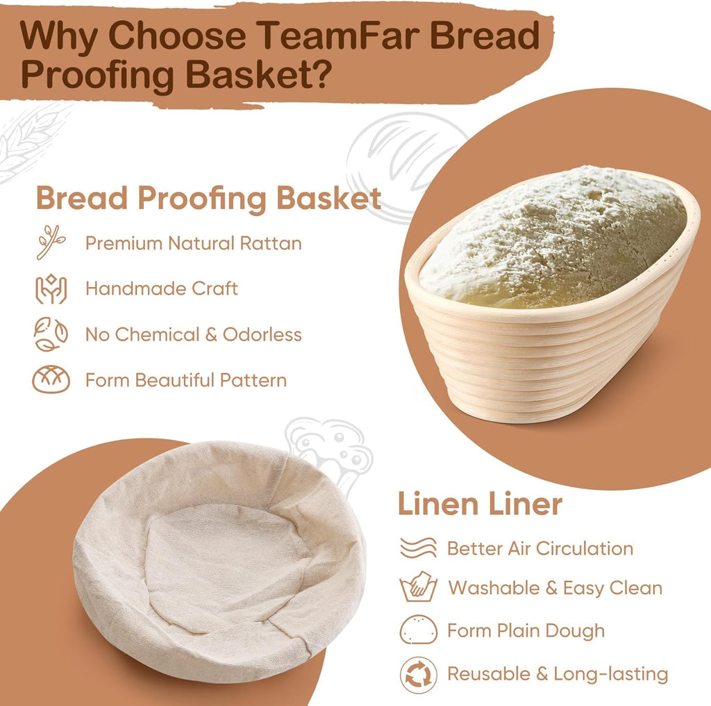 TeamFar Sourdough Bread Proofing Basket Set - 10 Inch Oval Baking Supplies with Liner for Dough Fermentation
