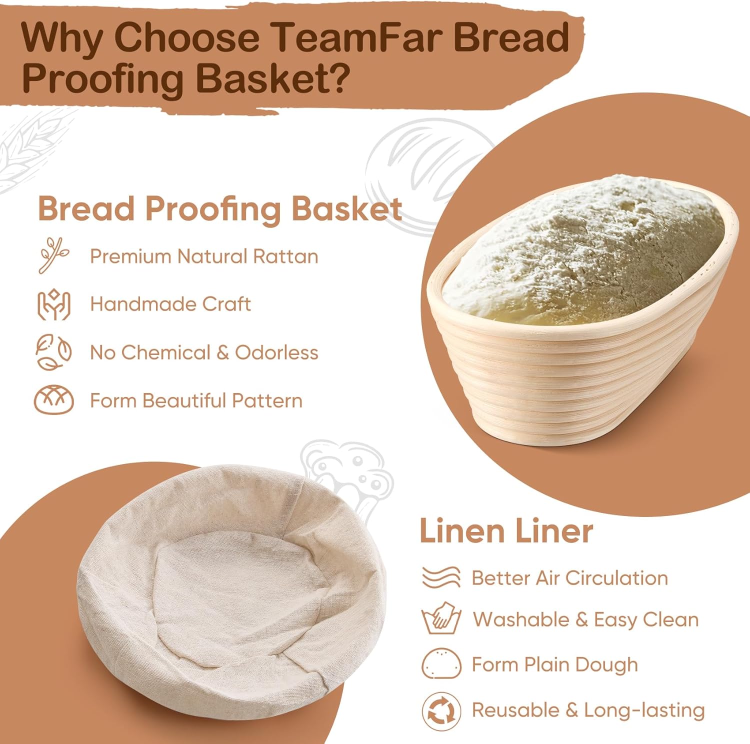 TeamFar Sourdough Bread Proofing Basket Set - 10 Inch Oval Baking Supplies with Liner for Dough Fermentation