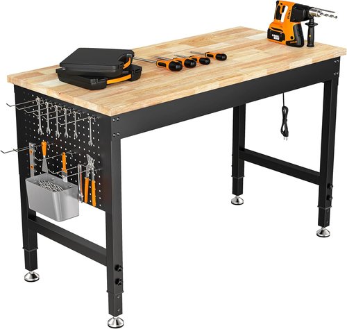 CAMMOO Adjustable Heavy Duty Workbench - 2000 LBS Capacity Rubber Wood Table with Pegboard & Power Outlets | Ideal for Garage, Workshop, Office, Home