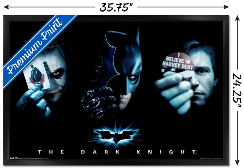 Trends International DC Comics Movie - The Dark Knight - The Joker, Batman, Harvey Dent Wall Poster, 22.375" x 34", Black Framed Version