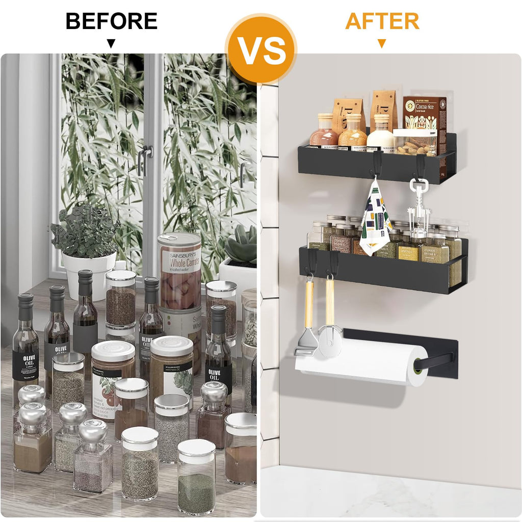 SUNHEARTH 4 Pack Magnetic Spice Rack for Refrigerator,Metal Magnetic Shelf Black with Paper Towel Holder,Whiteboard,3 Markers,4 Hooks,Space Saving for Home,Kitchen