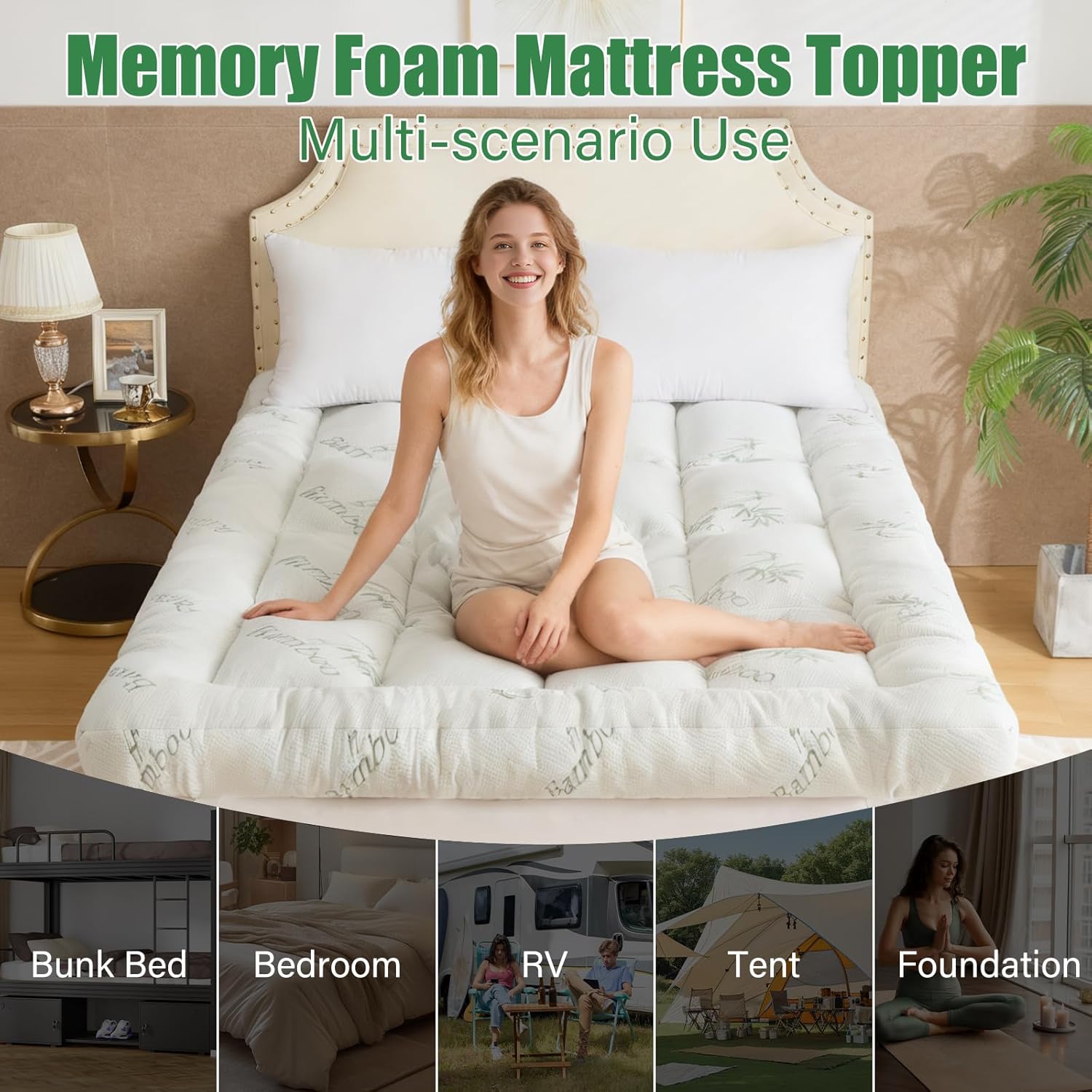 WhatsBedding 5-Inch Memory Foam Mattress Topper - Soft Bamboo Viscose, Breathable Queen Size, 80x60x5in