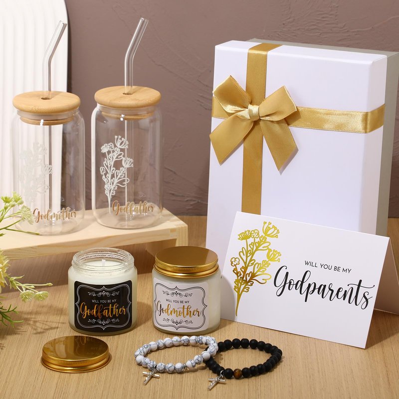 Yiyiring 9 Pcs Godparents Proposal Gift Set Will You Be My Godmother Godfather Glass Cup Scented Candle Cross Bracelet Cards Box from Godchild Baptism Padrino Madrina Uncle Aunt Gifts