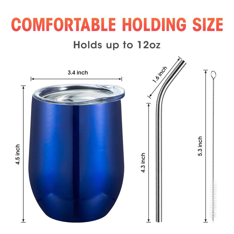 COMOOO Stainless Steel Wine Tumbler with Lid and Straw, 12oz Double Wall Vacuum Insulated Wine Tumbler Cup, Stemless Wine Tumbler for Hot and Cold Drinks, Coffee, Wine, Cocktails, Royal blue, 12 Pack