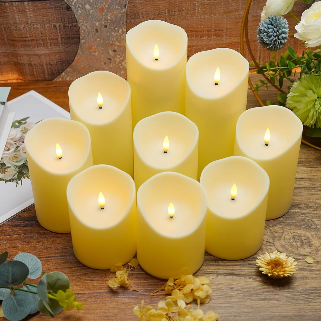 Nimiko Flameless Candles Set of 9 - Remote-Controlled LED Candles with Timer | Realistic Flickering Effect (Ivory)