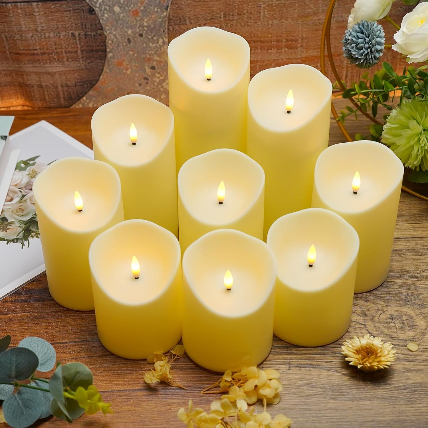 Nimiko Flameless Candles Set of 9 - Remote-Controlled LED Candles with Timer | Realistic Flickering Effect (Ivory)