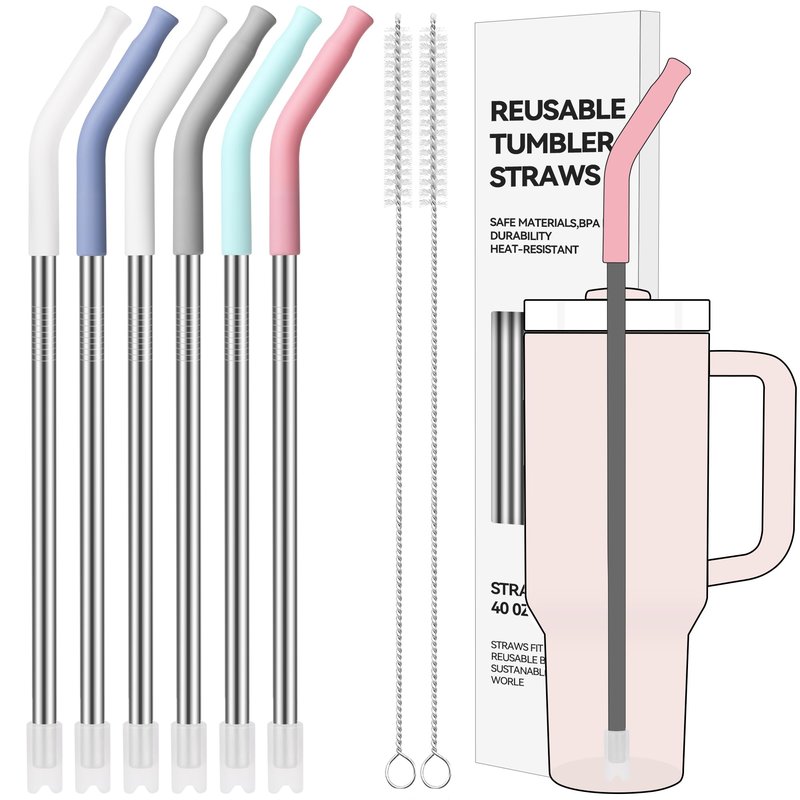 Soledea 6 Pcs Metal Reusable Straws for 40 oz Tumbler, Stainless Steel Long Drinking Straw with Colourful Silicone Tips,Straw for Glass Cups, Cleaning Brushes Included, BPA FREE