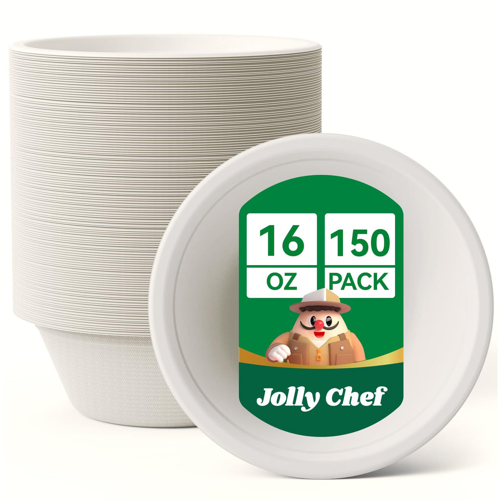 JOLLY CHEF Compostable Disposable Paper Bowl [16 oz] Heavy Duty Soup Containers [150 Pack] Biodegradable Bagasse Hot Cold Food Eco-Friendly Sugarcane Microwavable Bowls for Salad Milk Thanksgiving Day