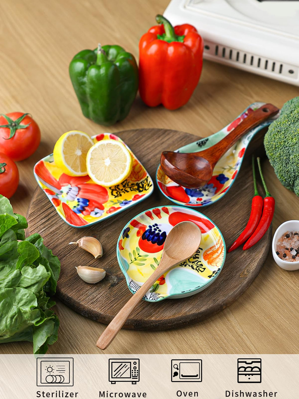 Colorful Hand Painted Spoon Rest 4.75 Inches Ceramic Spoon Holder for Kitchen Counter Stove Top, Dishwasher Safe, Multicolor (Set of 2)