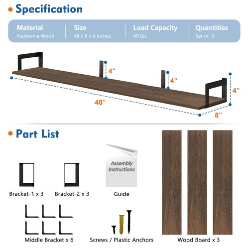 Harwaya Large Floating Shelves for Wall 48 Inches Long Set of 3, Rustic Wood Wall Bookshelf for Living Room Bedroom Books, Heavy Duty Hanging Storage Shelf for Laundry Room (Dark Brown)