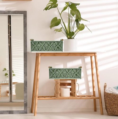 HOSROOME Macrame Boho Decor Baskets - Stylish Woven Organizers for Home & Nursery | Set of 2, Green