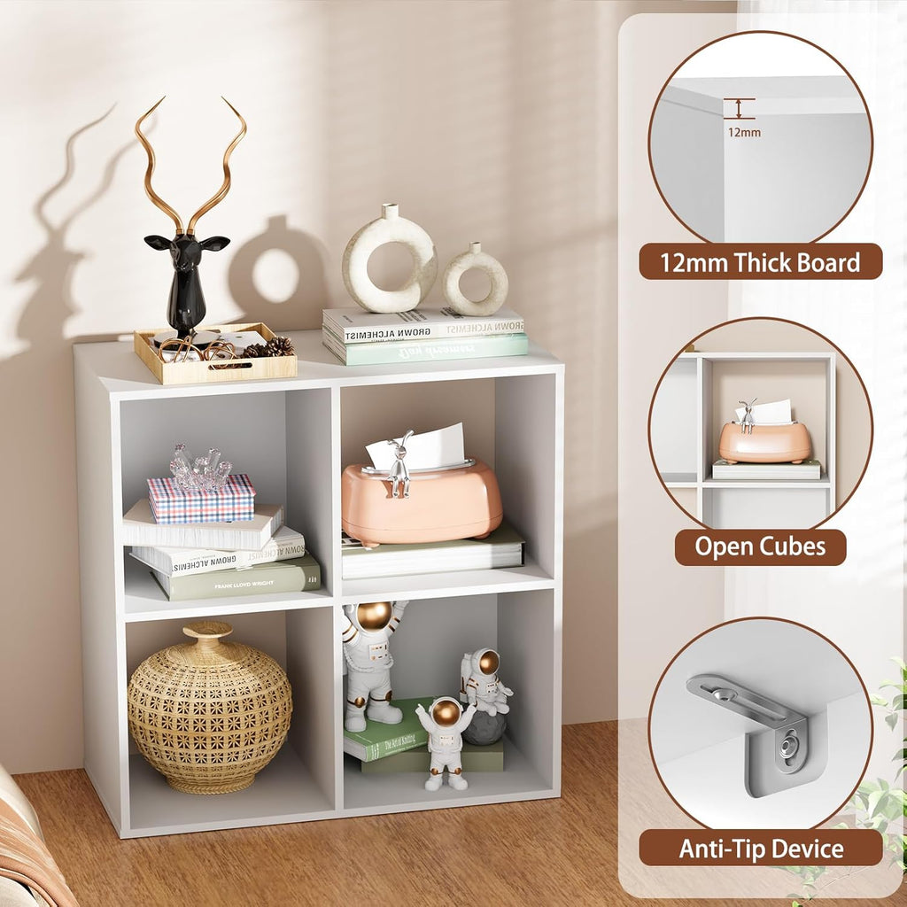 4 Cube Storage Organizer by [Brand Name] - Stylish Bookcase with Open Back for Bedroom & Home Office (White)
