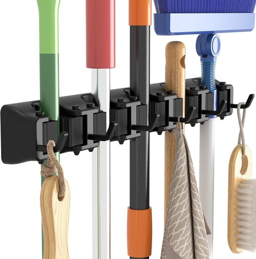 Lifewit Mop and Broom Holder - Anti-Slip Wall Mount Organizer with 5 Slots & 6 Hooks - Black