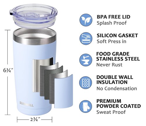 SUNWILL Travel Coffee Tumbler 20 oz, Insulated Mug with Lid, Stainless Steel Cup for Hot and Cold Drinks, Powder Coated Iceberg