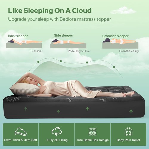 BEDLORE Twin Mattress Topper - Soft Bamboo Viscose Pillow Top for Back Pain Relief | Dark Gray, Fits 6"-15" Mattresses