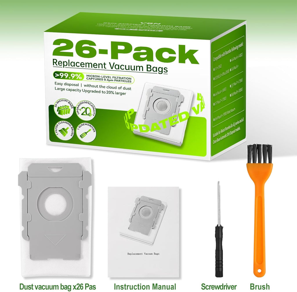 VBN Vacuum Bags for iRobot Roomba i Series | 26-Pack Compatible with i3+, i4+, i5+, i6+, i7+, i8+, j7+, j8+, j9+, s9+
