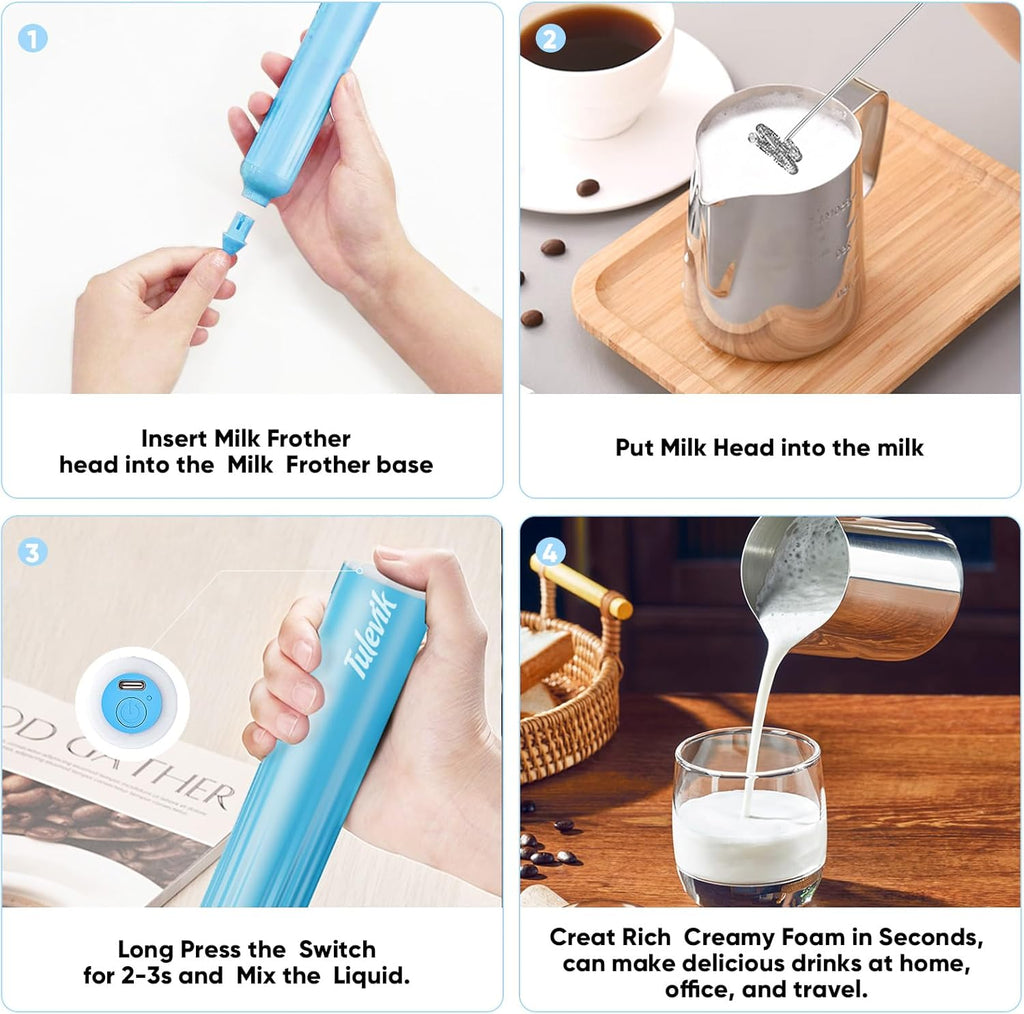 Skiennix Handheld Milk Frother - Electric Whisk with 3 Speeds & USB Rechargeable | Mini Frother for Coffee, Latte, Cappuccino - Blue