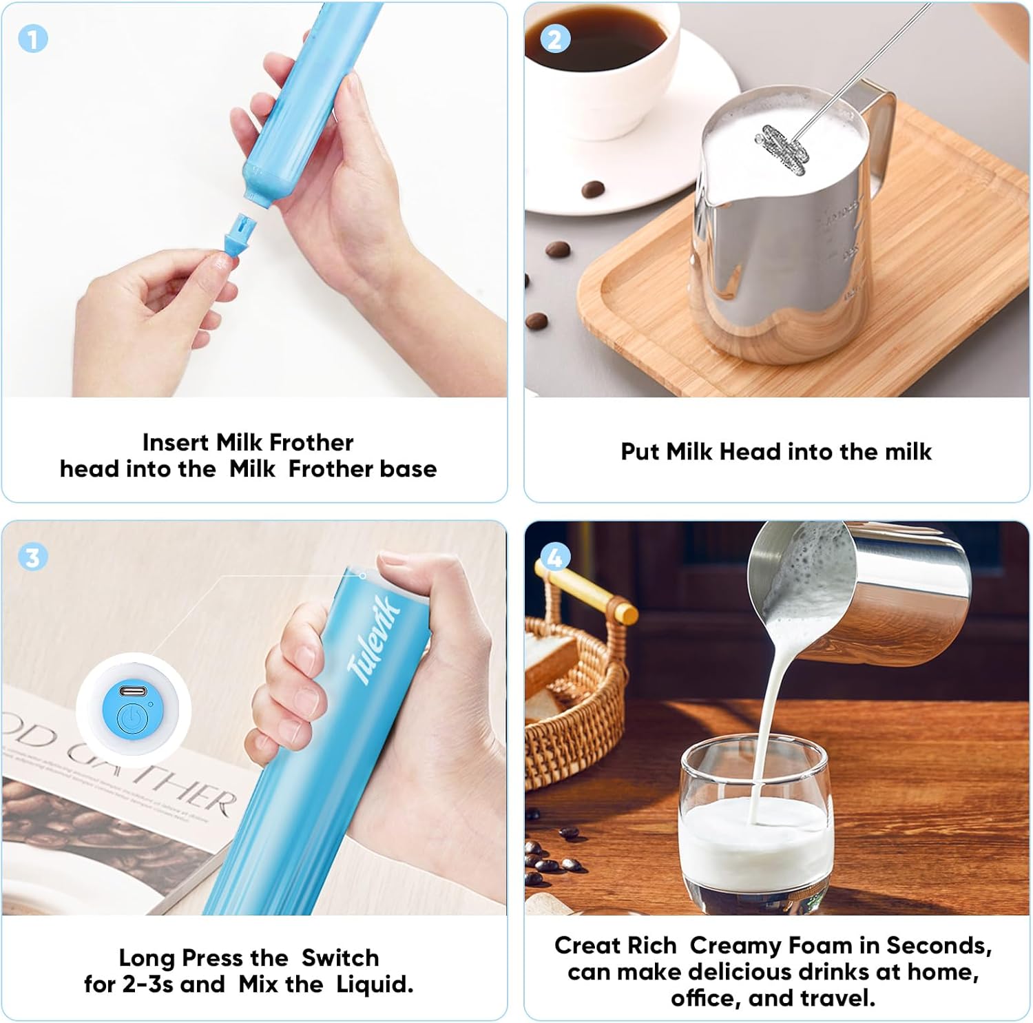 Skiennix Handheld Milk Frother - Electric Whisk with 3 Speeds & USB Rechargeable | Mini Frother for Coffee, Latte, Cappuccino - Blue