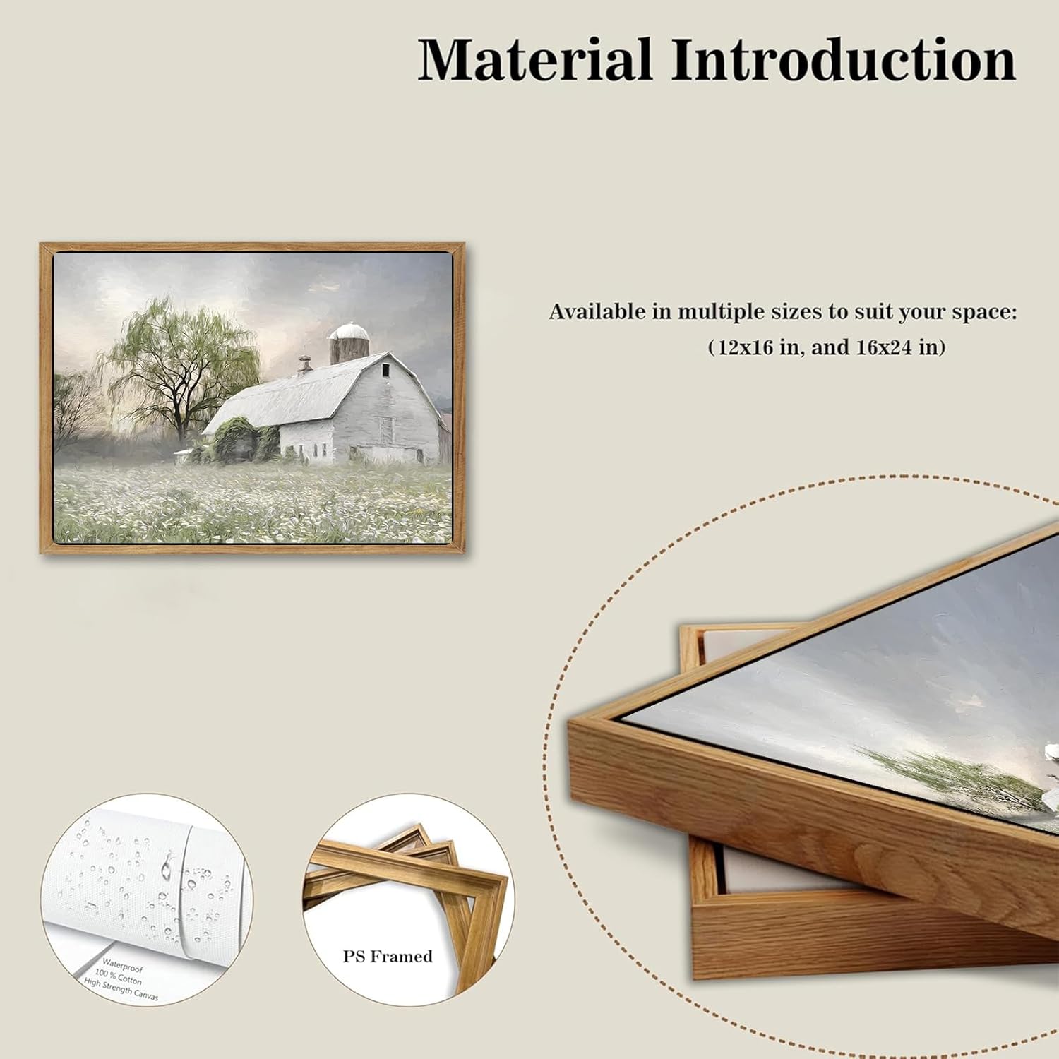Skiennix Rustic Farmhouse Canvas Wall Art - White Barn Wildflower Landscape Print | 16x12 in for Bedroom & Living Room