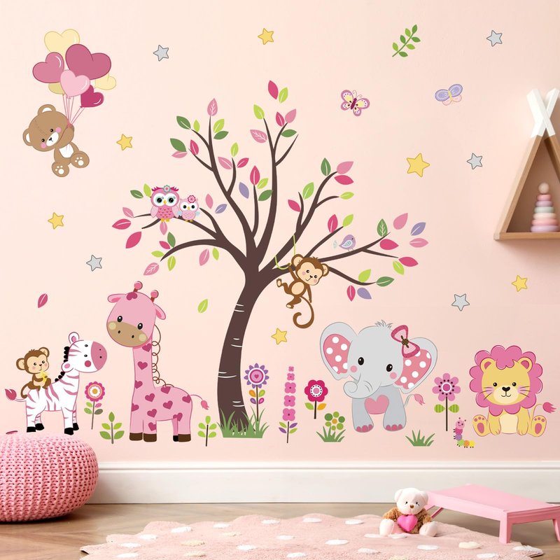 decalmile Pink Animal Tree Wall Decals Forest Lion Elephant Monkey Wall Stickers Girls Bedroom Baby Nursery Wall Decor