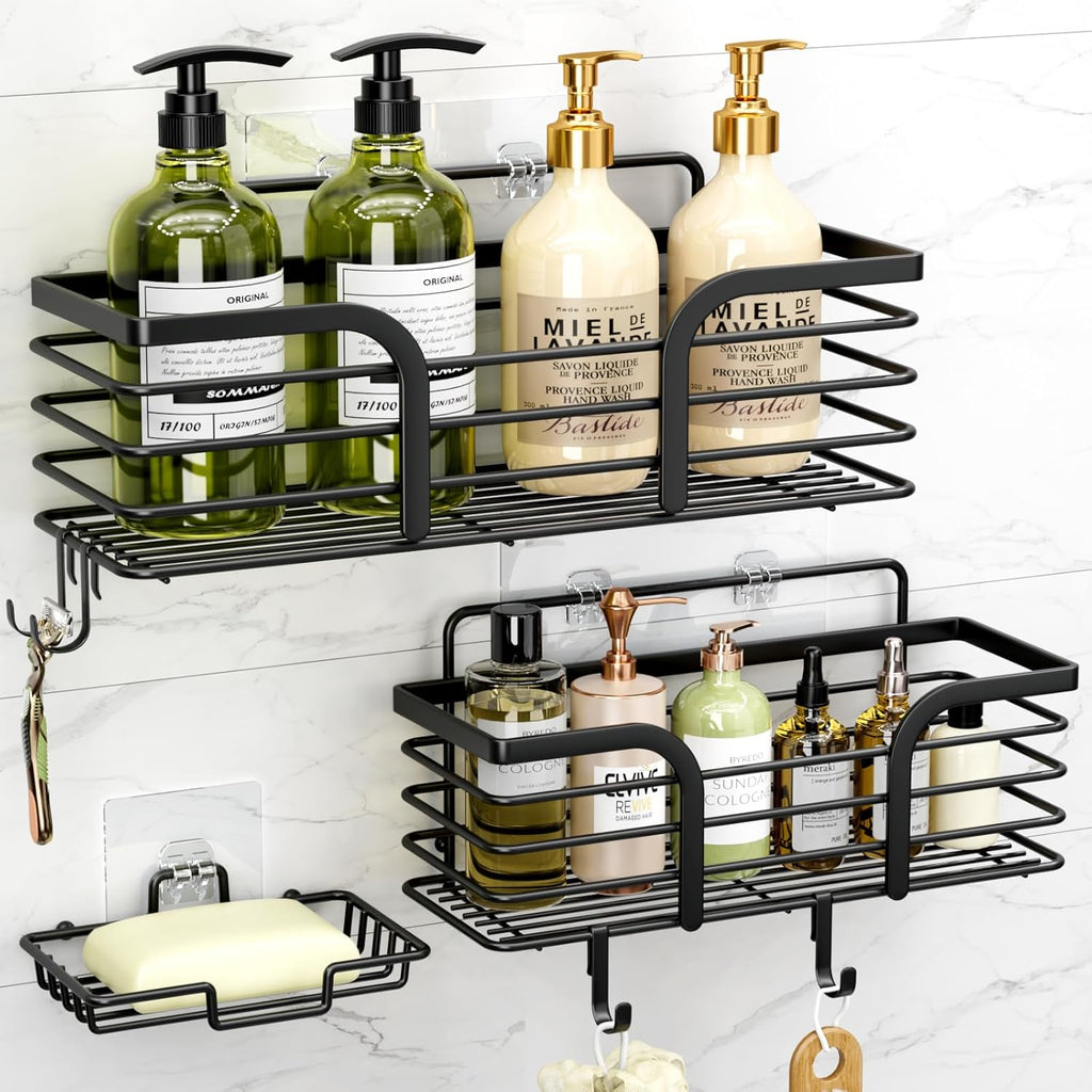 Yougai Shower Caddy - Rustproof Shower Organizer with Soap Holder & Hooks | Wall-Mounted Storage (Black)