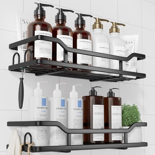 Kitsure Shower Caddy - Wall Mounted Organizer with 8 Hooks | Rustproof Stainless Steel, 2 Pack, Black