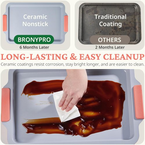 BRONYPRO Non-Stick Ceramic Baking Sheet Set | 3 Heavy-Duty Cookie Sheets - PFOA & PTFE Free, Coral