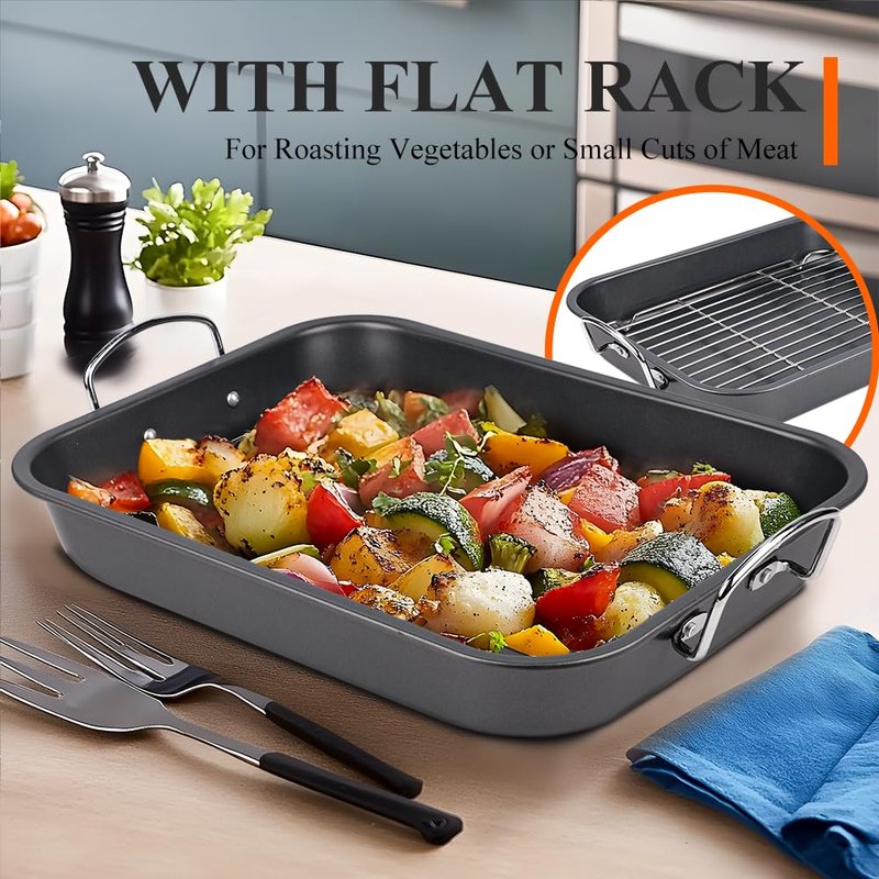Nonstick Turkey Roaster with 2 Stainless Steel Racks for Baking Turkey, Chicken, Veggies