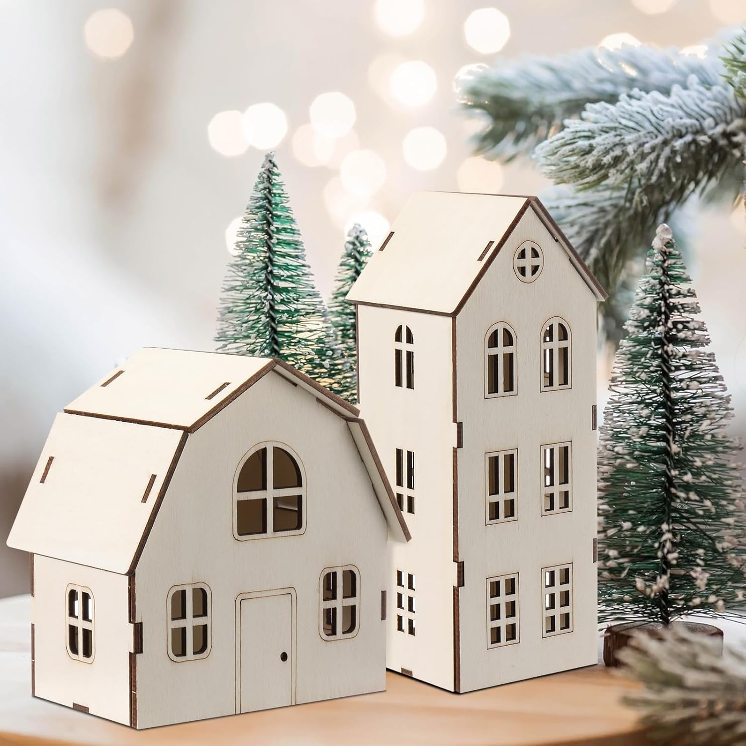 Wonderjune DIY Christmas Village Set - 3 Large 8-Inch Wooden Houses for Holiday Crafts & Decorations